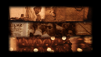 Film still from 'Palimpseste sur Souvenir' (2026) by Jon Beaton. Glowing image strips with fragmented imagery from India .